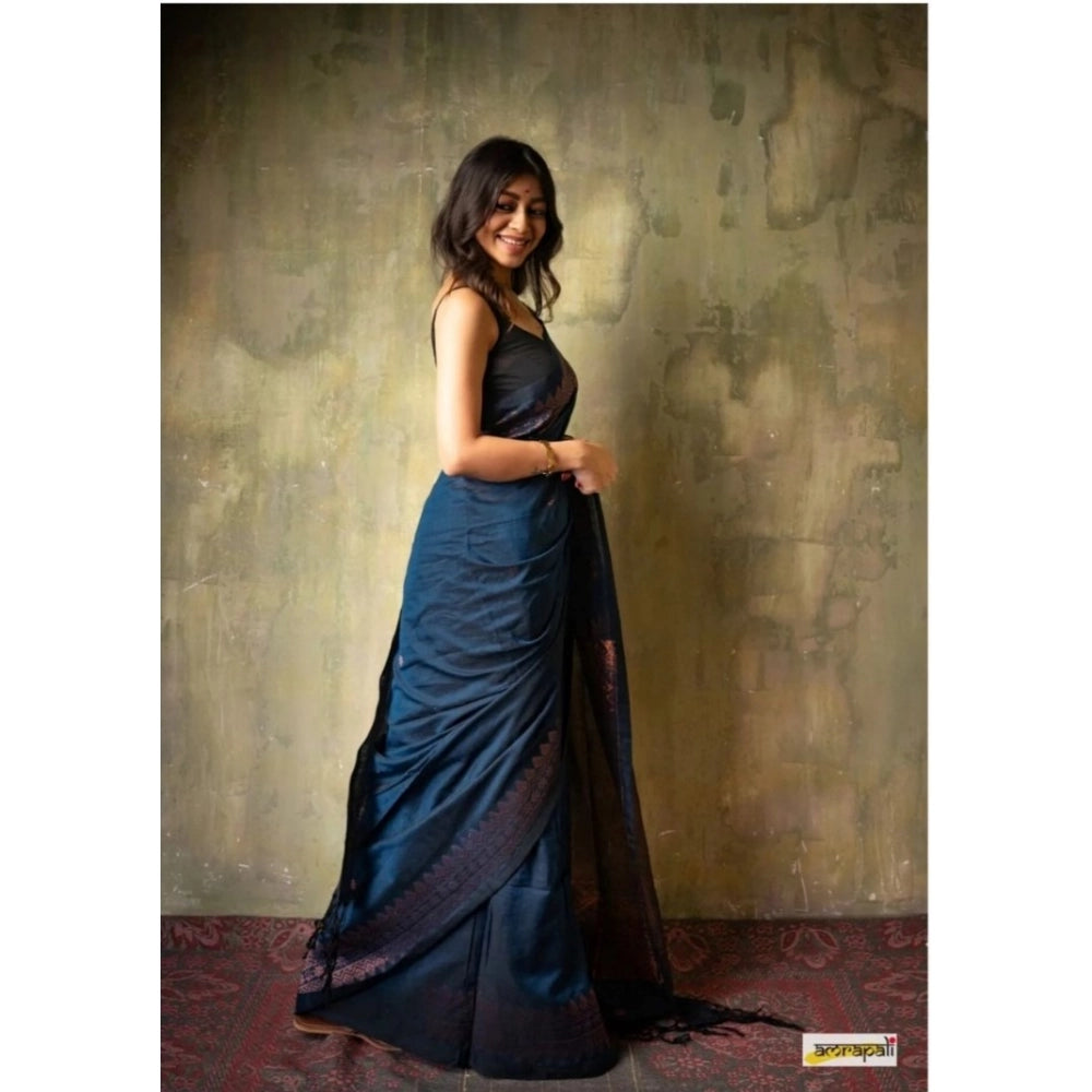 Women's Silk Printed Saree With Unstitched Blouse 5.5Mtr (Navy Blue)