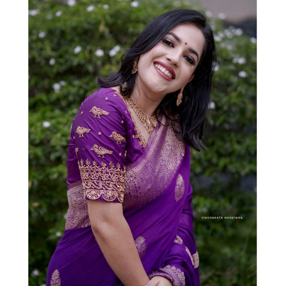 Women's Silk Printed Saree With Unstitched Blouse 5.5Mtr (Purple)