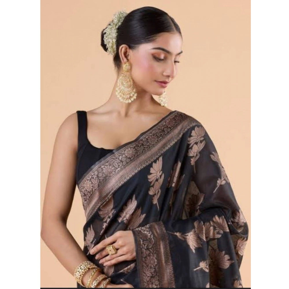Women's Silk Printed Saree With Unstitched Blouse 5.5Mtr (Black)