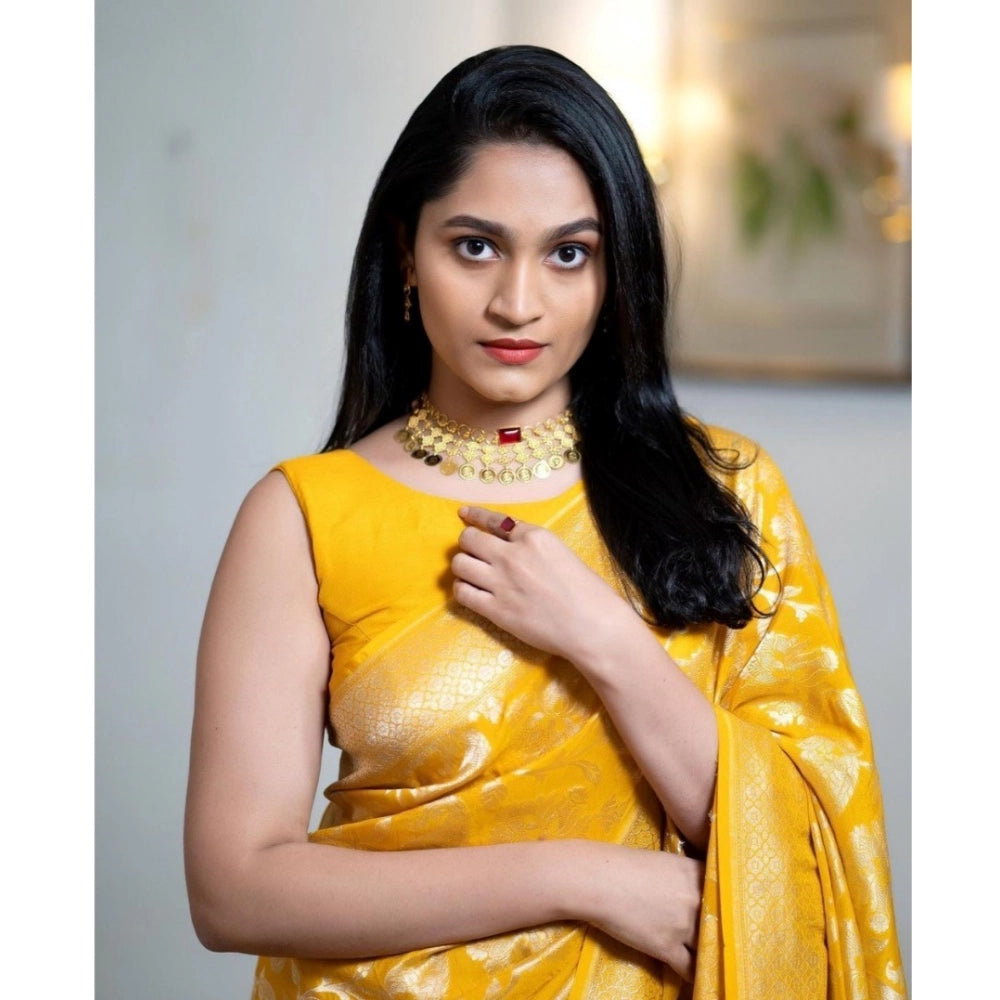 Women's Silk Printed Saree With Unstitched Blouse 5.5Mtr (Yellow)