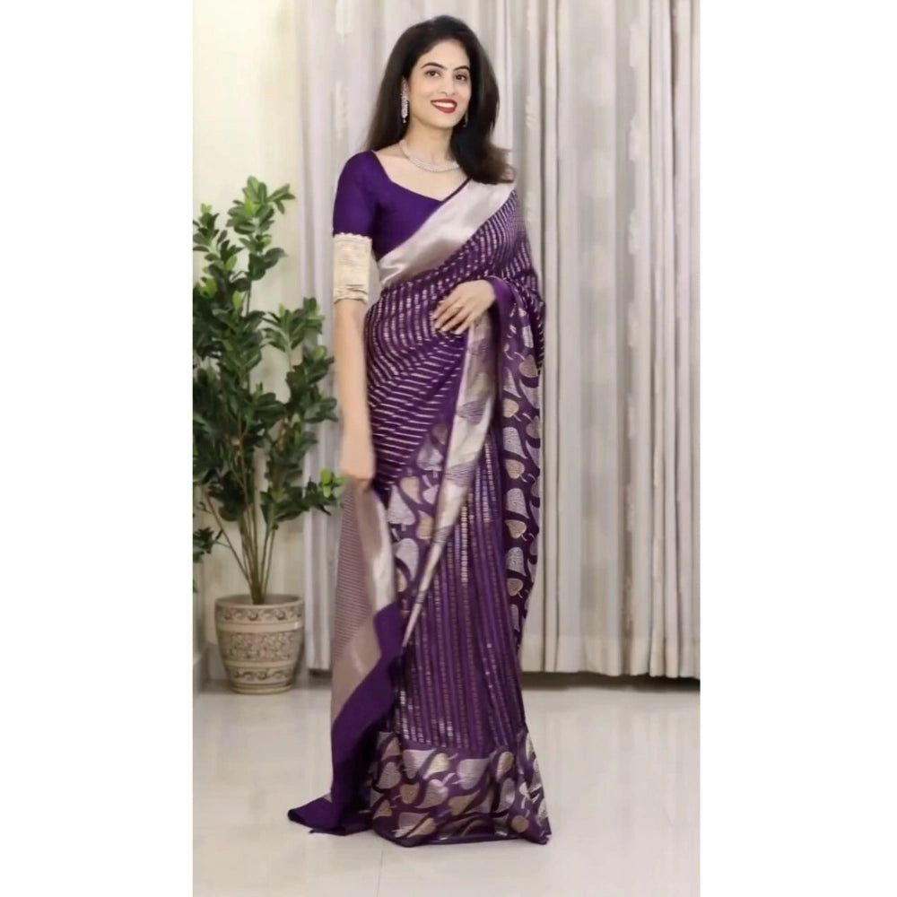 Women's Silk Printed Saree With Unstitched Blouse 5.5Mtr (Purple)