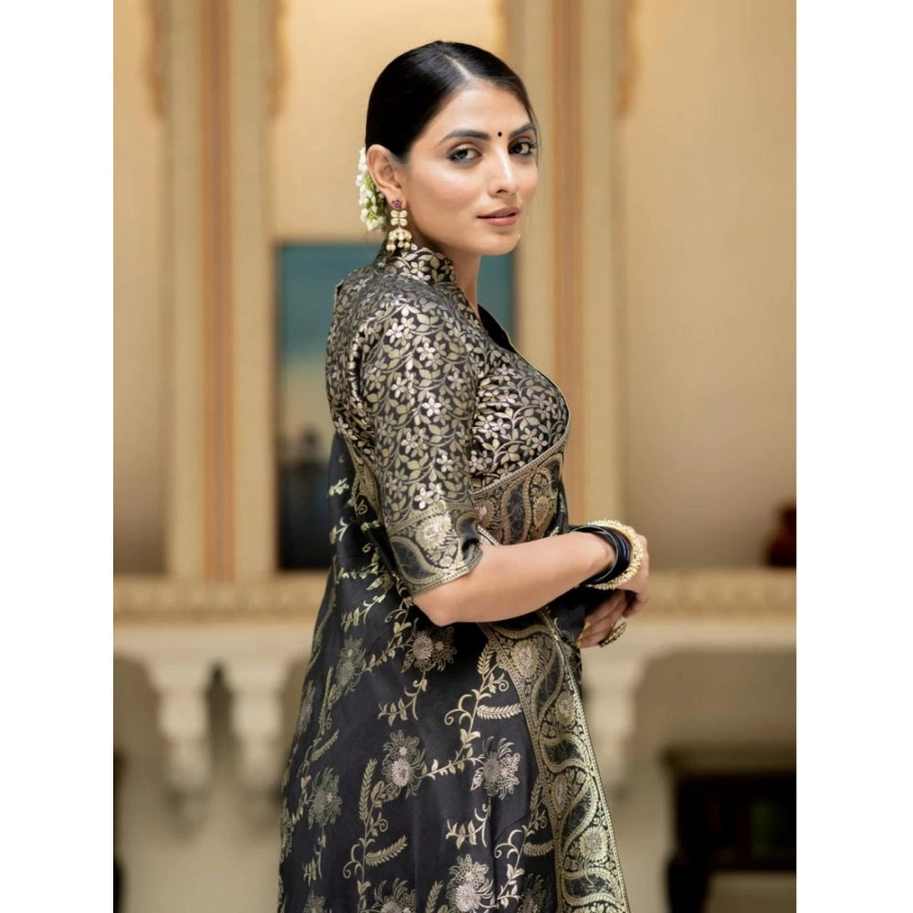 Women's Silk Printed Saree With Unstitched Blouse 5.5Mtr (Black)