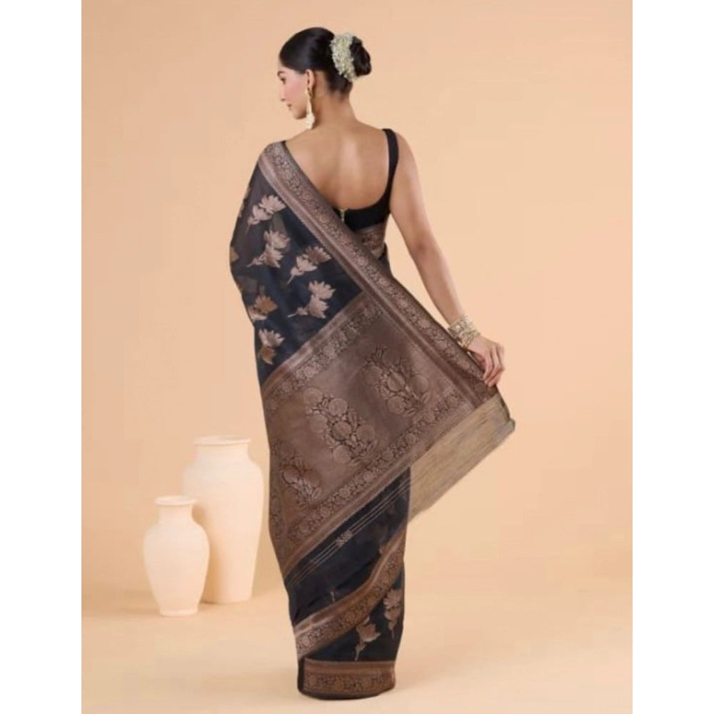 Women's Silk Printed Saree With Unstitched Blouse 5.5Mtr (Black)