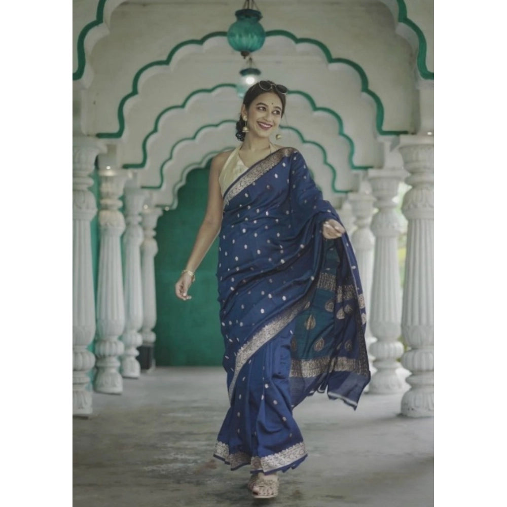 Women's Cotton  Printed Saree With Unstitched Blouse 5.5Mtr (Navy Blue)