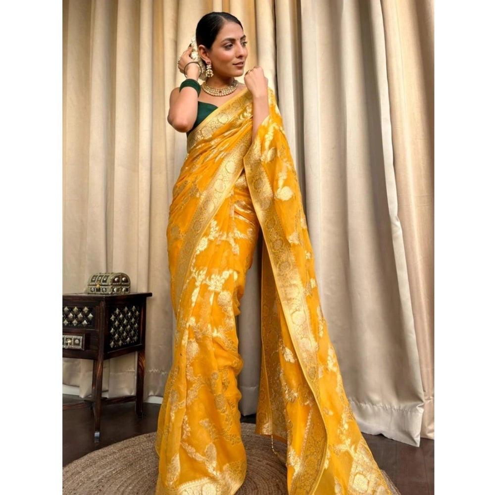 Women's Silk Printed Saree With Unstitched Blouse 5.5Mtr (Gold Yellow)