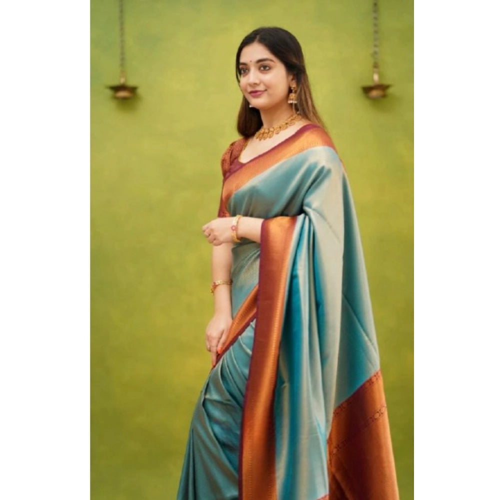 Women's Silk Printed Saree With Unstitched Blouse 5.5Mtr (Rama)