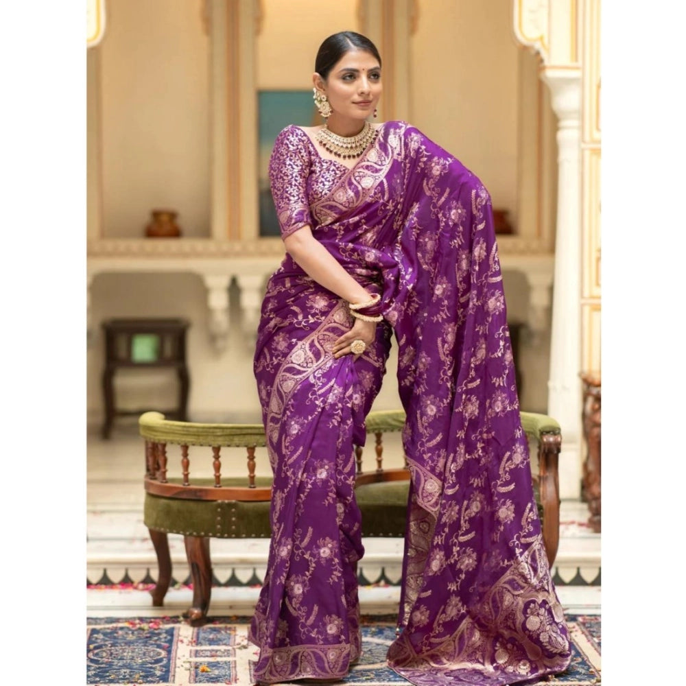 Women's Silk Printed Saree With Unstitched Blouse 5.5Mtr (Purple)