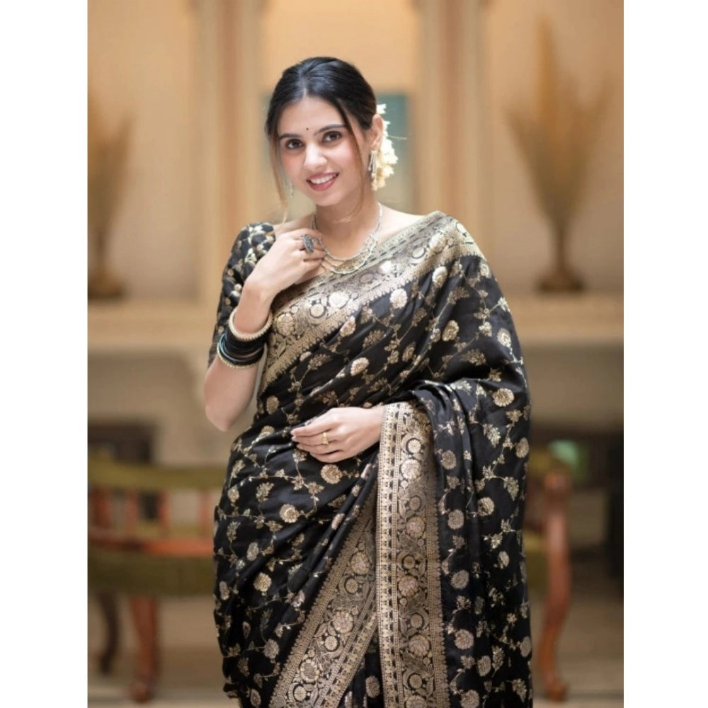 Women's Silk Printed Saree With Unstitched Blouse 5.5Mtr (Black)