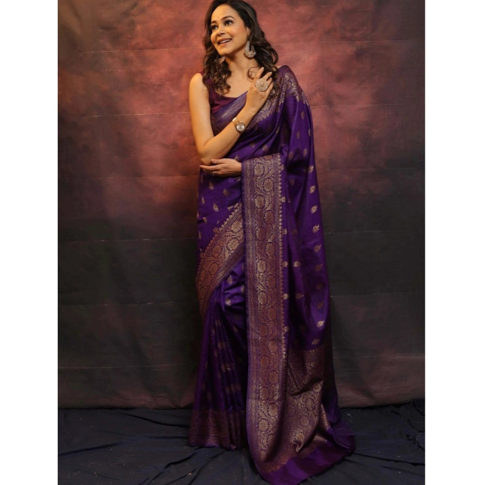 Women's Silk Printed Saree With Unstitched Blouse 5.5Mtr (Purple)