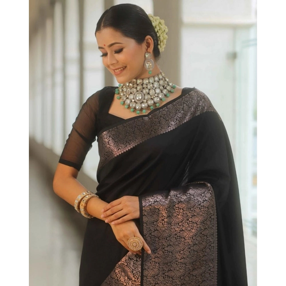 Women's Silk Printed Saree With Unstitched Blouse 5.5Mtr (Black)