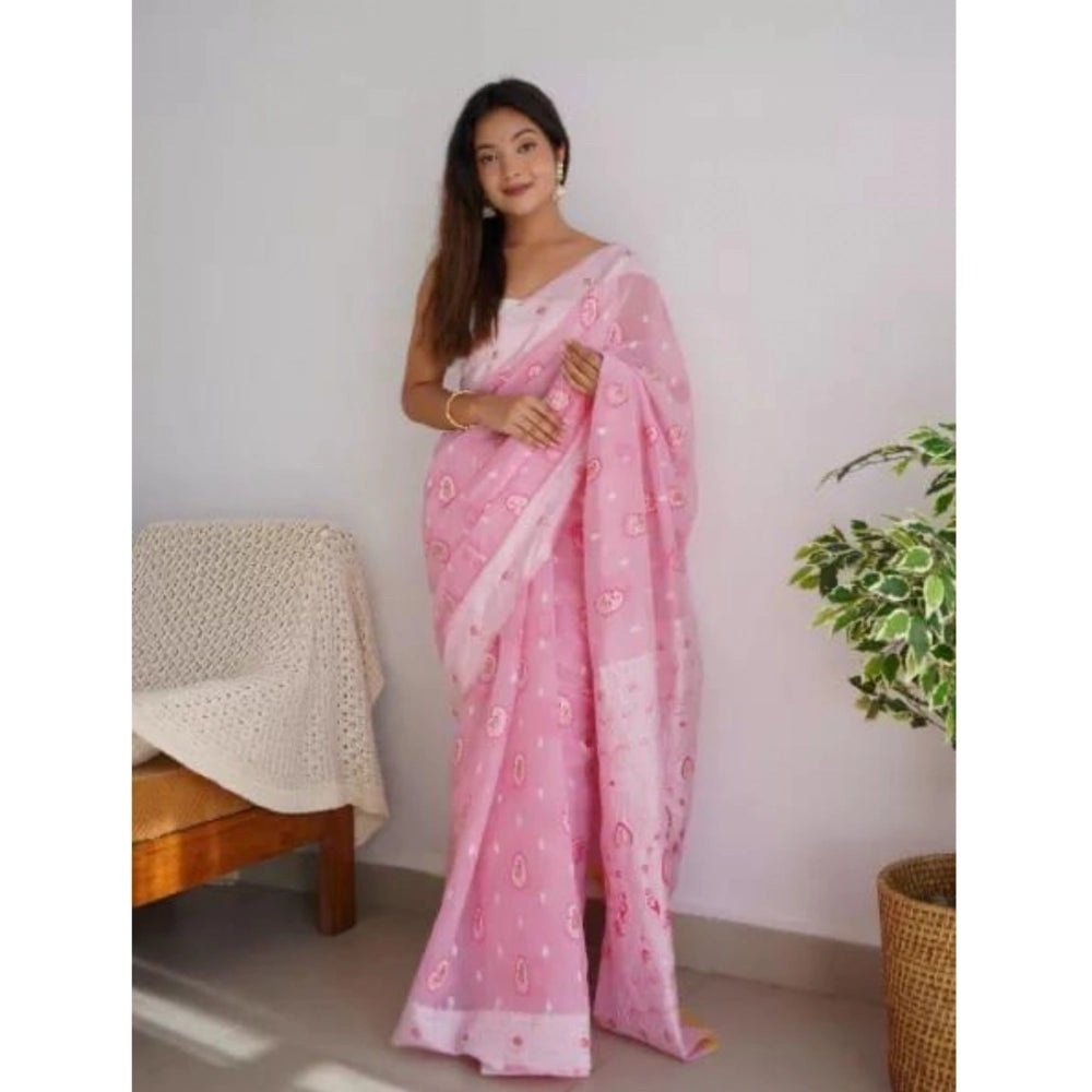 Women's Cotton  Printed Saree With Unstitched Blouse 5.5Mtr (Pink)