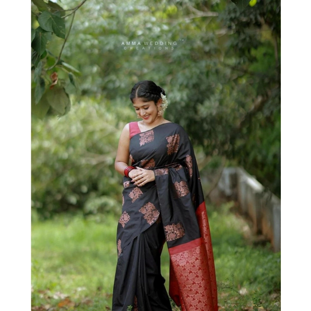 Women's Silk Printed Saree With Unstitched Blouse 5.5Mtr (Black-Red)