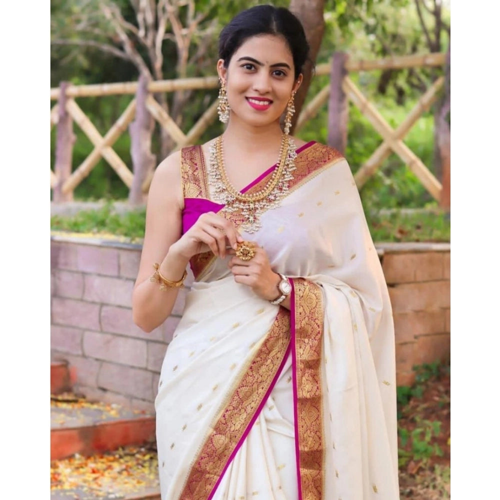 Women's Silk Printed Saree With Unstitched Blouse 5.5Mtr (White)