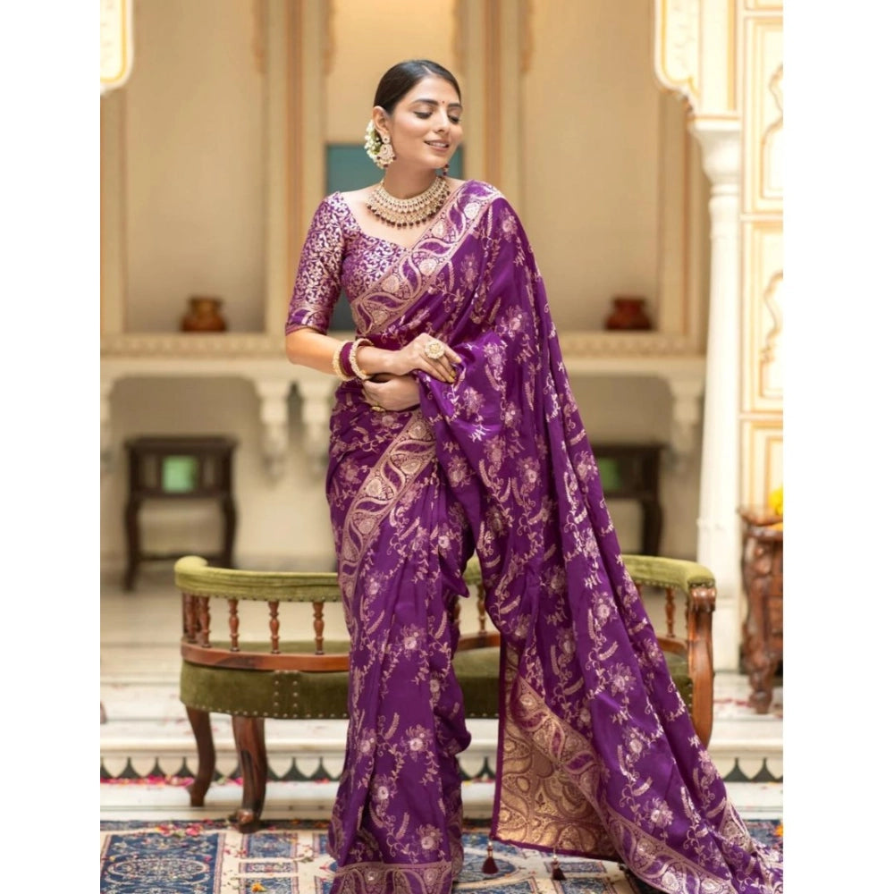 Women's Silk Printed Saree With Unstitched Blouse 5.5Mtr (Purple)