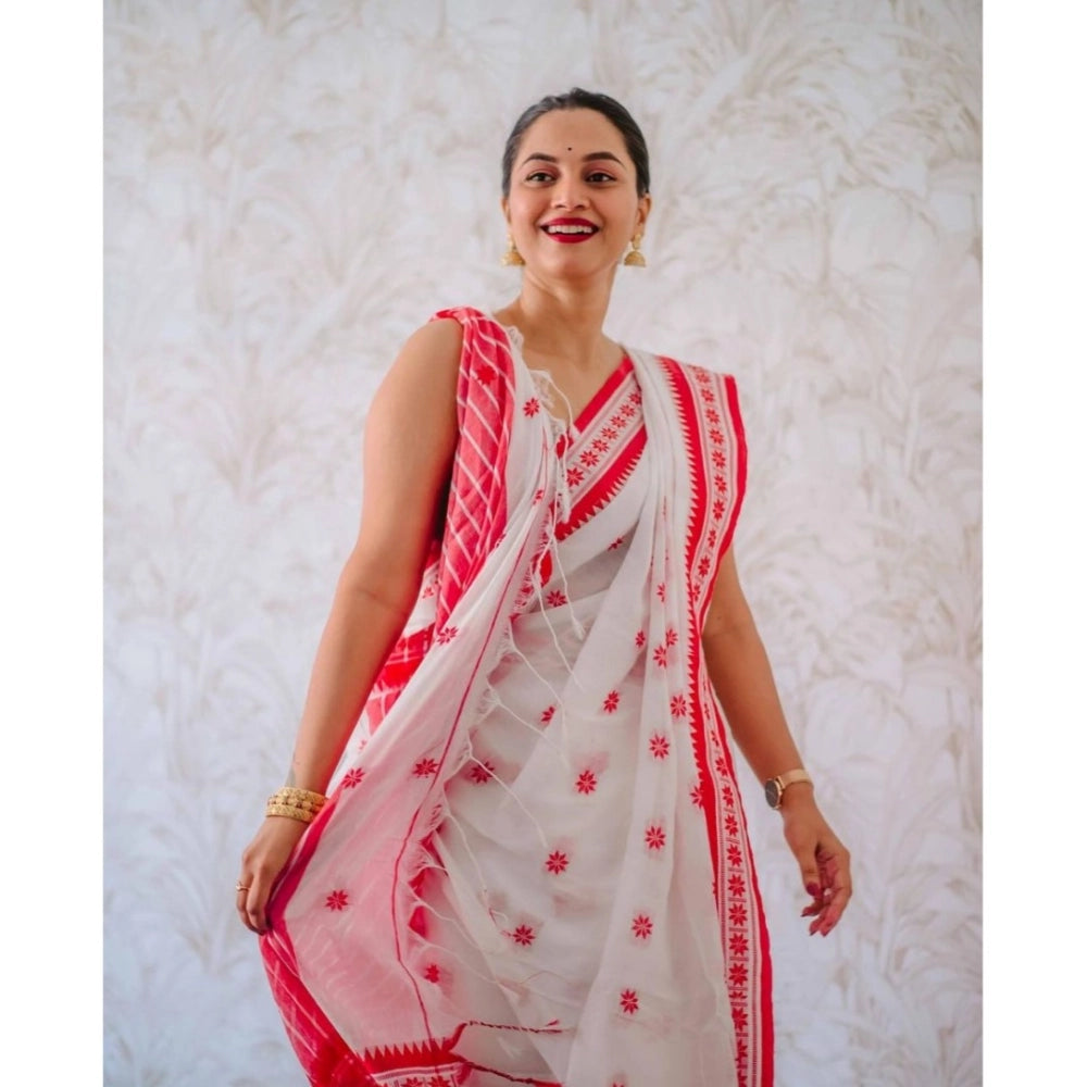 Women's Cotton  Printed Saree With Unstitched Blouse 5.5Mtr (White-Pink)