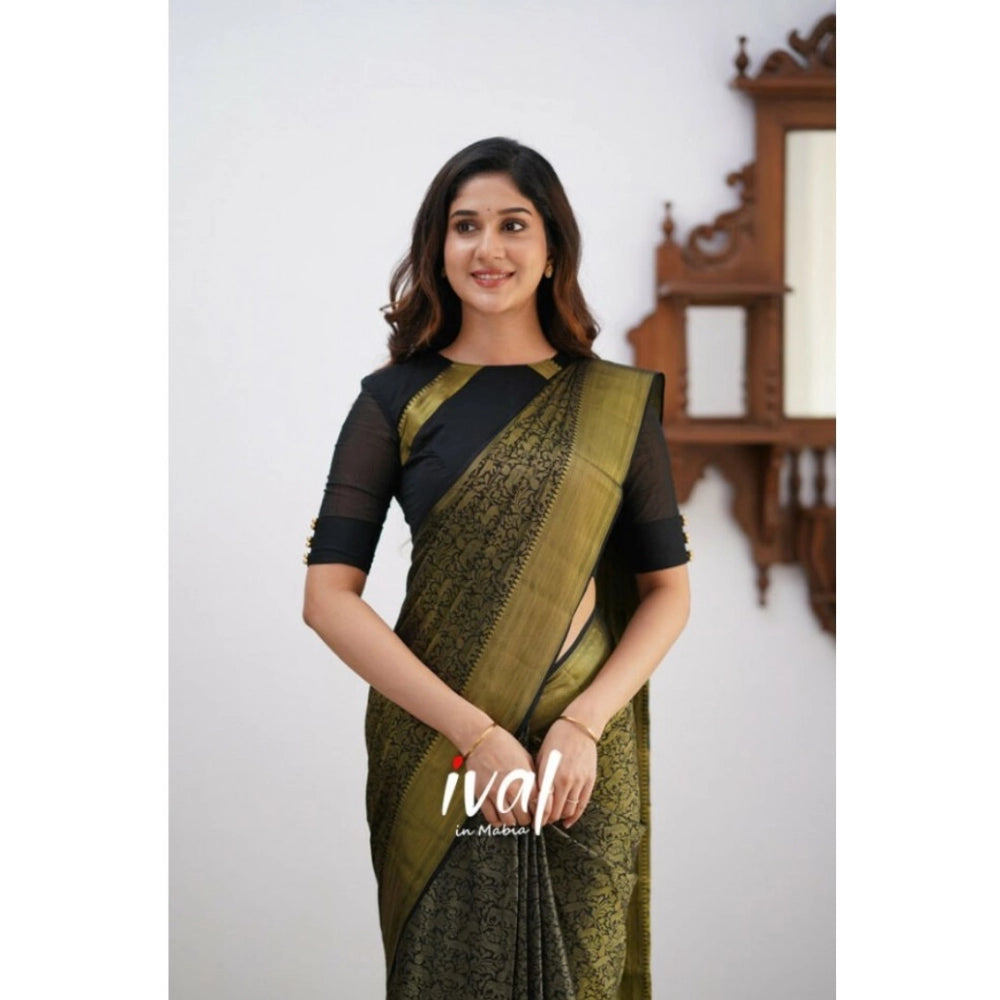 Women's Silk Printed Saree With Unstitched Blouse 5.5Mtr (Black)