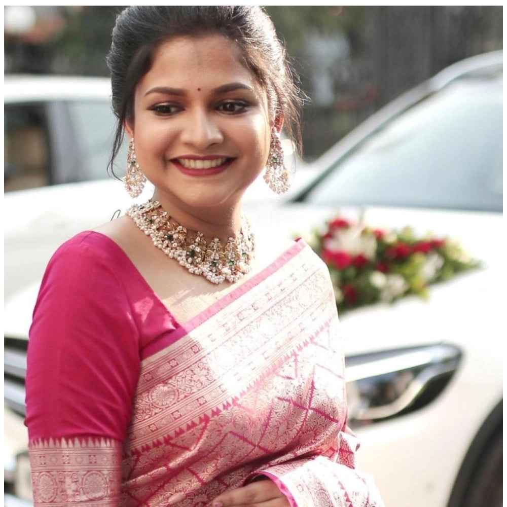 Women's Silk Printed Saree With Unstitched Blouse 5.5Mtr (Pink)