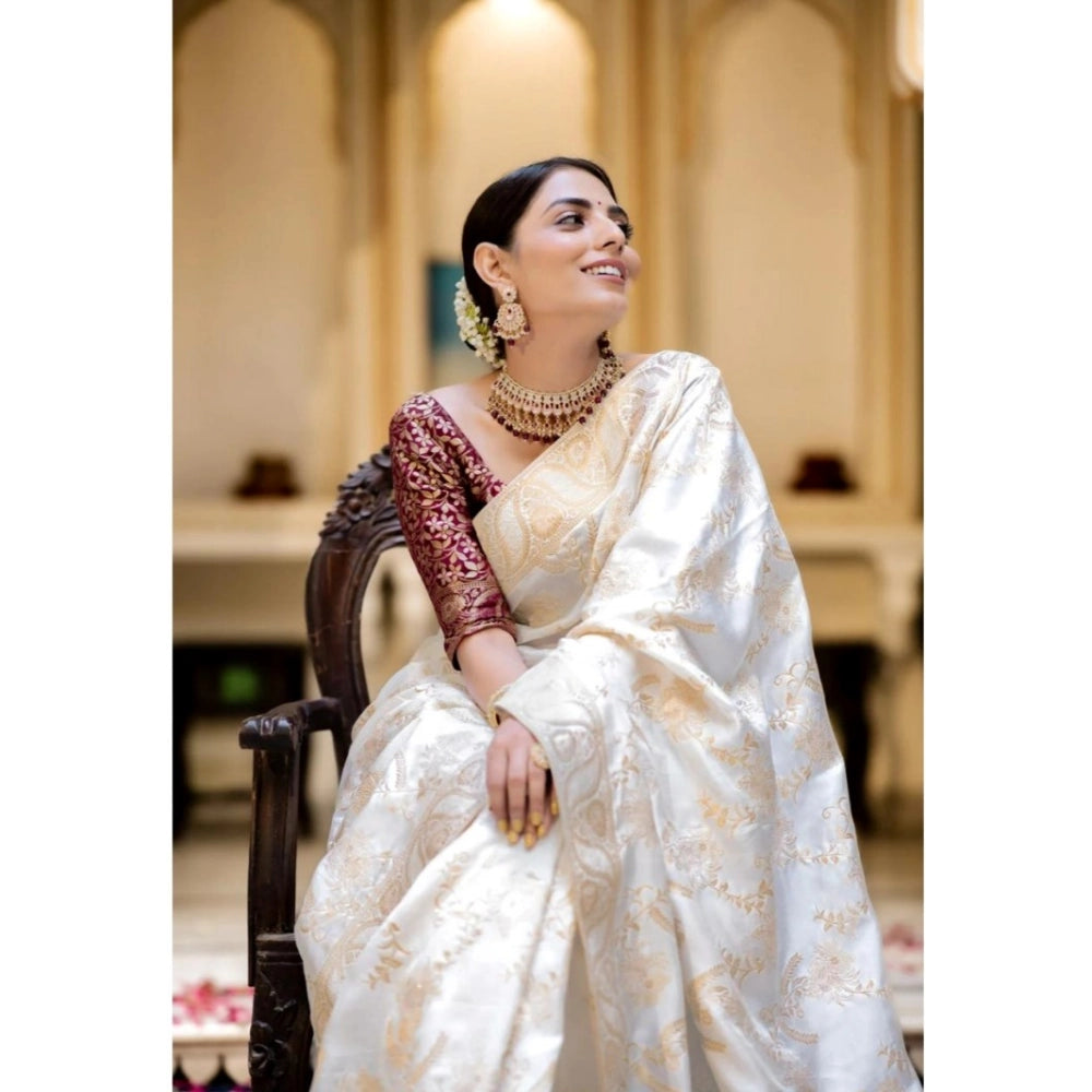 Women's Silk Printed Saree With Unstitched Blouse 5.5Mtr (White)