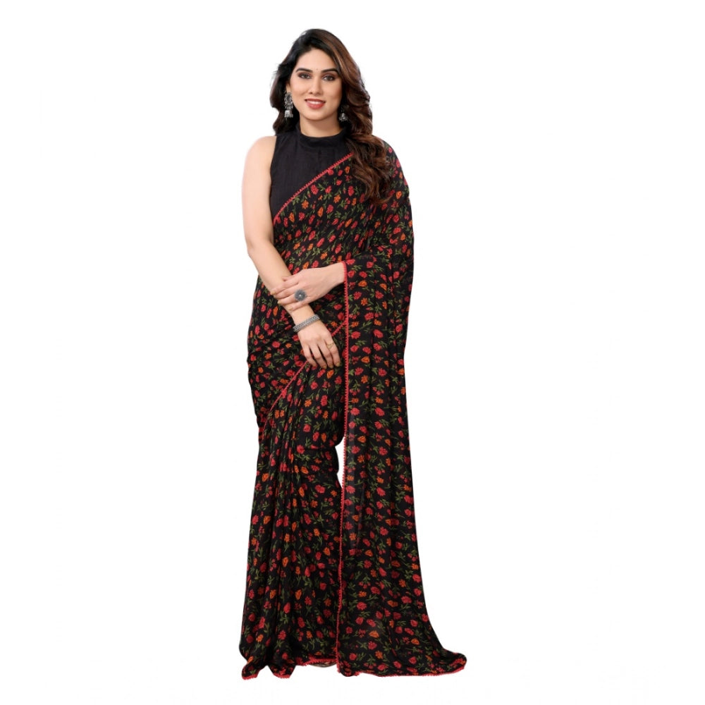 Women's Small Lace Georgette Printed Ready-to-Wear Saree With Unstitched Blouse 5.5 Mtr (Black)