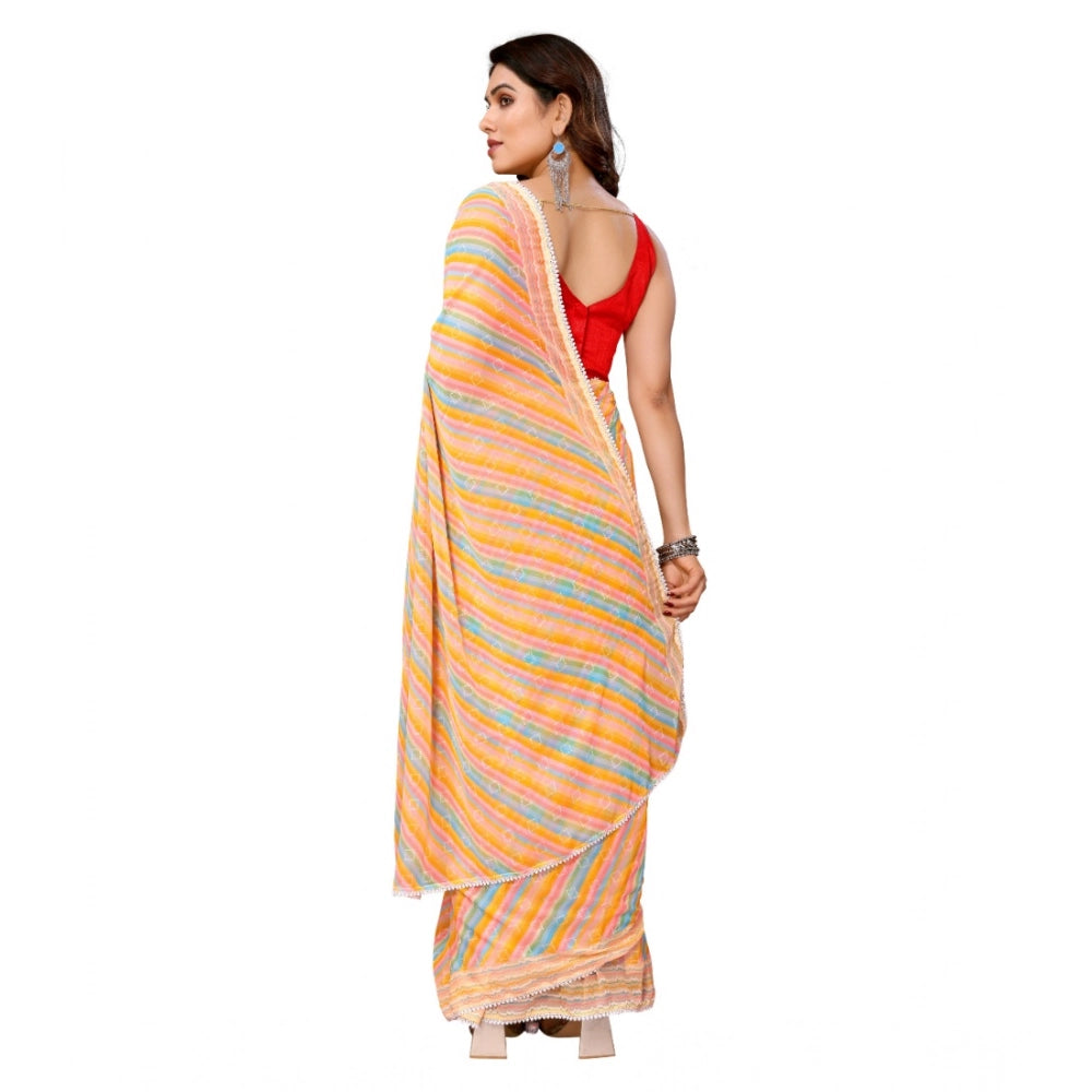 Women's Small Lace Georgette Striped Ready-to-Wear Saree With Unstitched Blouse 5.5 Mtr (Yellow)
