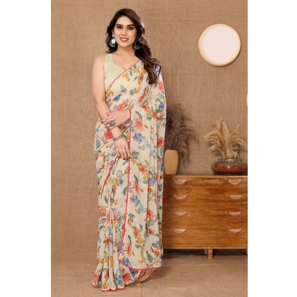 Women's Small Lace Georgette Printed Ready-to-Wear Saree With Unstitched Blouse 5.5 Mtr (Off White)