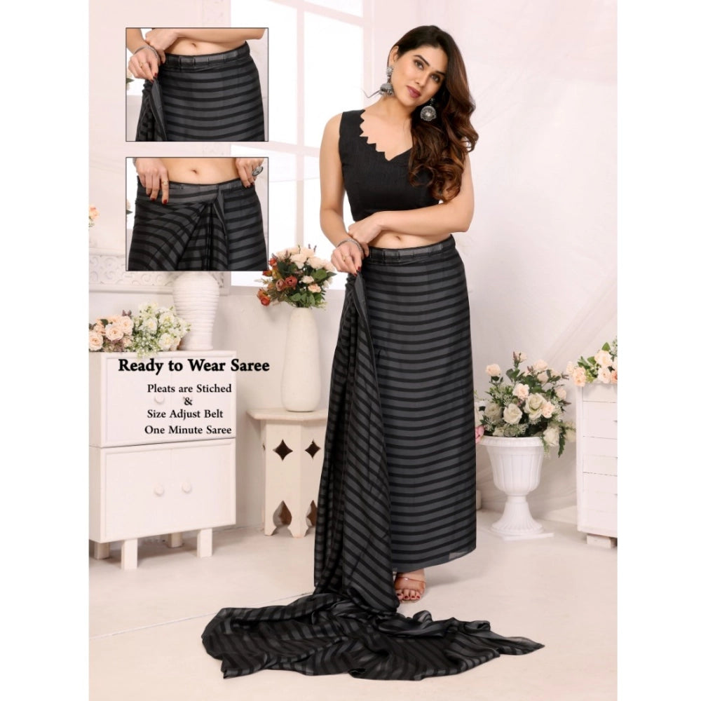 Women's  Black Berry Striped Ready-to-Wear Saree With Unstitched Blouse 5.5 Mtr (Grey-Black)
