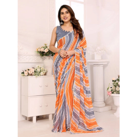 Women's Small Lace Georgette Striped Ready-to-Wear Saree With Unstitched Blouse 5.5 Mtr (Grey)