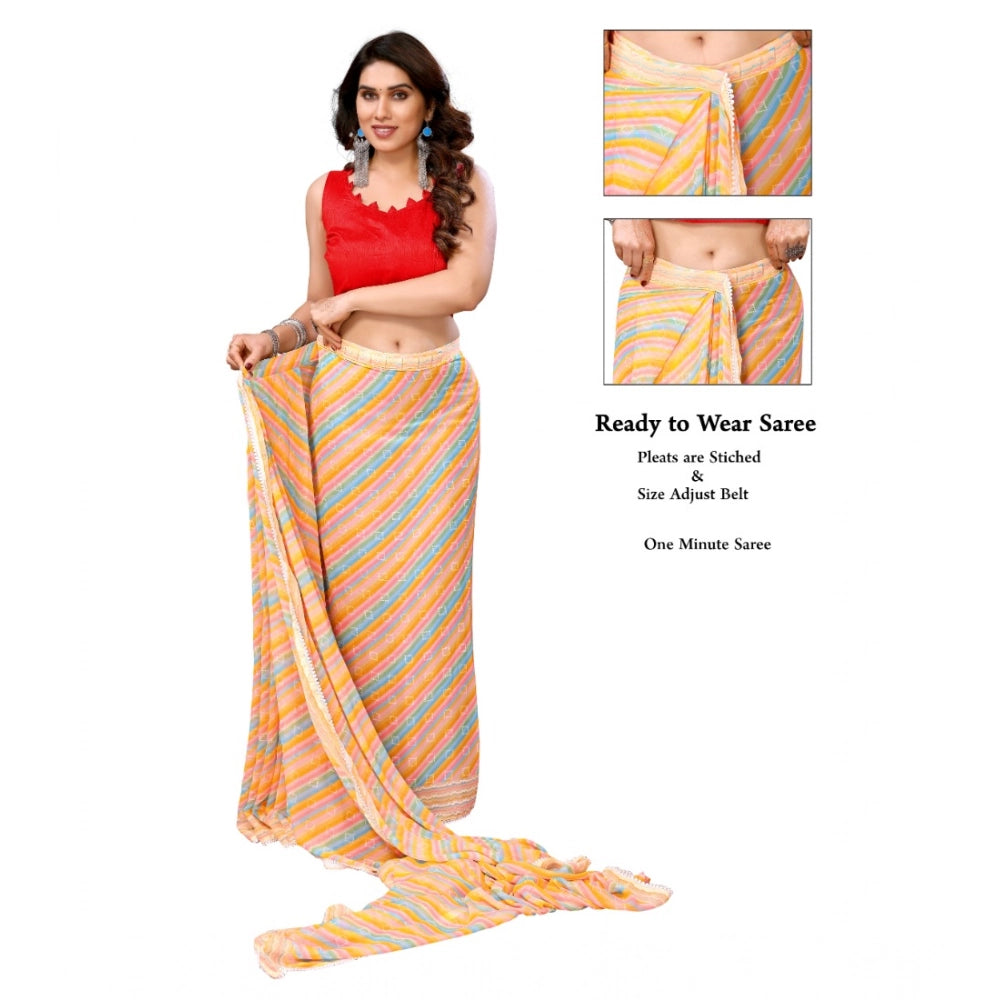 Women's Small Lace Georgette Striped Ready-to-Wear Saree With Unstitched Blouse 5.5 Mtr (Yellow)