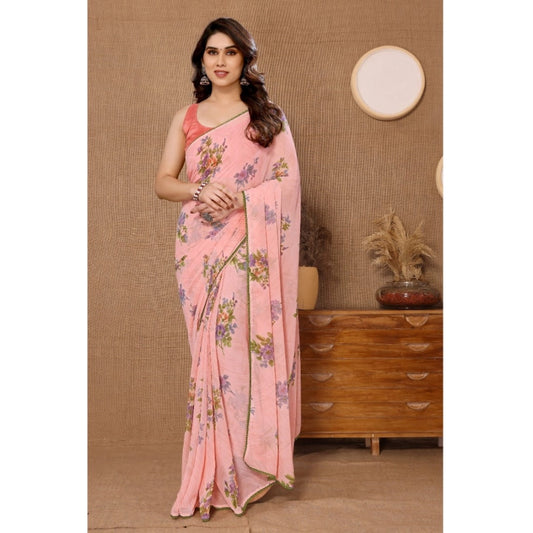 Women's Small Lace Georgette Printed Ready-to-Wear Saree With Unstitched Blouse 5.5 Mtr (Peach)