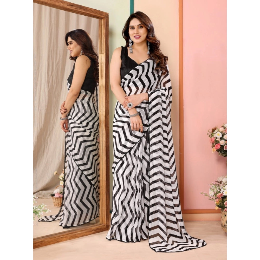 Women's Small Lace Georgette Striped Ready-to-Wear Saree With Unstitched Blouse 5.5 Mtr (Black)