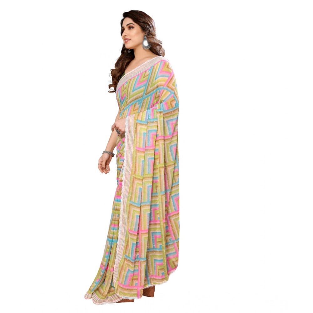 Women's Small Lace Georgette Printed Ready-to-Wear Saree With Unstitched Blouse 5.5 Mtr (Green)