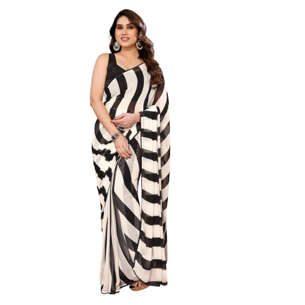 Women's Small Lace Georgette Striped Ready-to-Wear Saree With Unstitched Blouse 5.5 Mtr (Black-White)