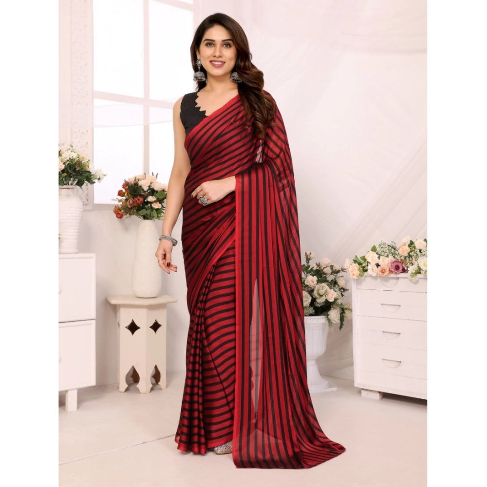 Women's  Black Berry Striped Ready-to-Wear Saree With Unstitched Blouse 5.5 Mtr (Red-Black)