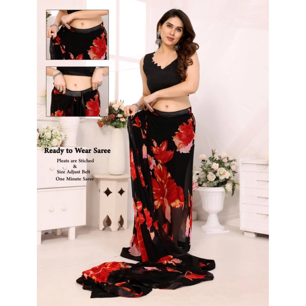 Women's Small Lace Georgette Printed Ready-to-Wear Saree With Unstitched Blouse 5.5 Mtr (Black-Red)