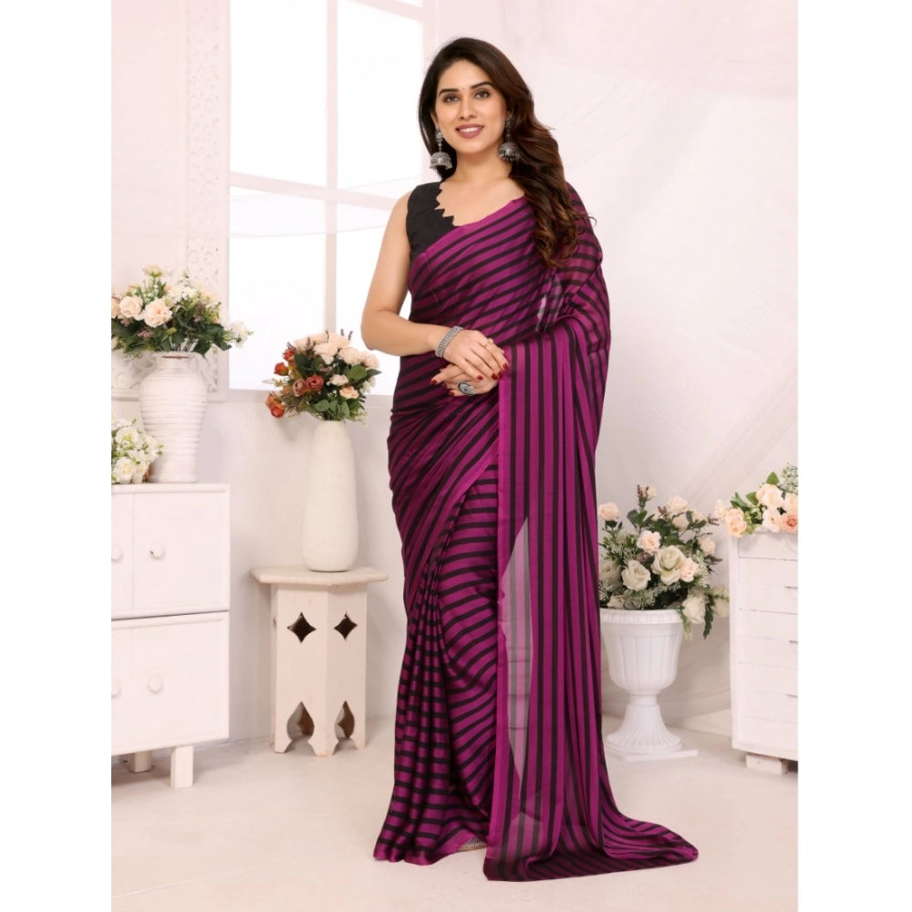 Women's  Black Berry Striped Ready-to-Wear Saree With Unstitched Blouse 5.5 Mtr (Purple-Black)