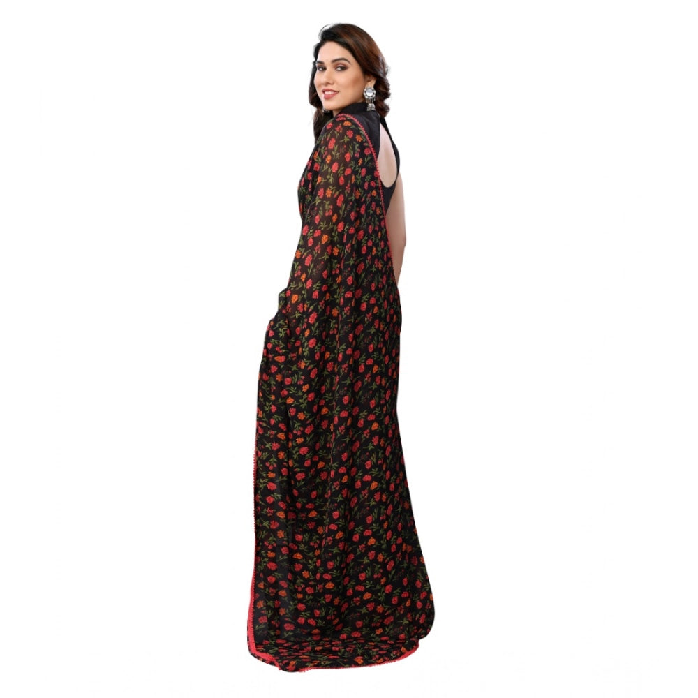 Women's Small Lace Georgette Printed Ready-to-Wear Saree With Unstitched Blouse 5.5 Mtr (Black)