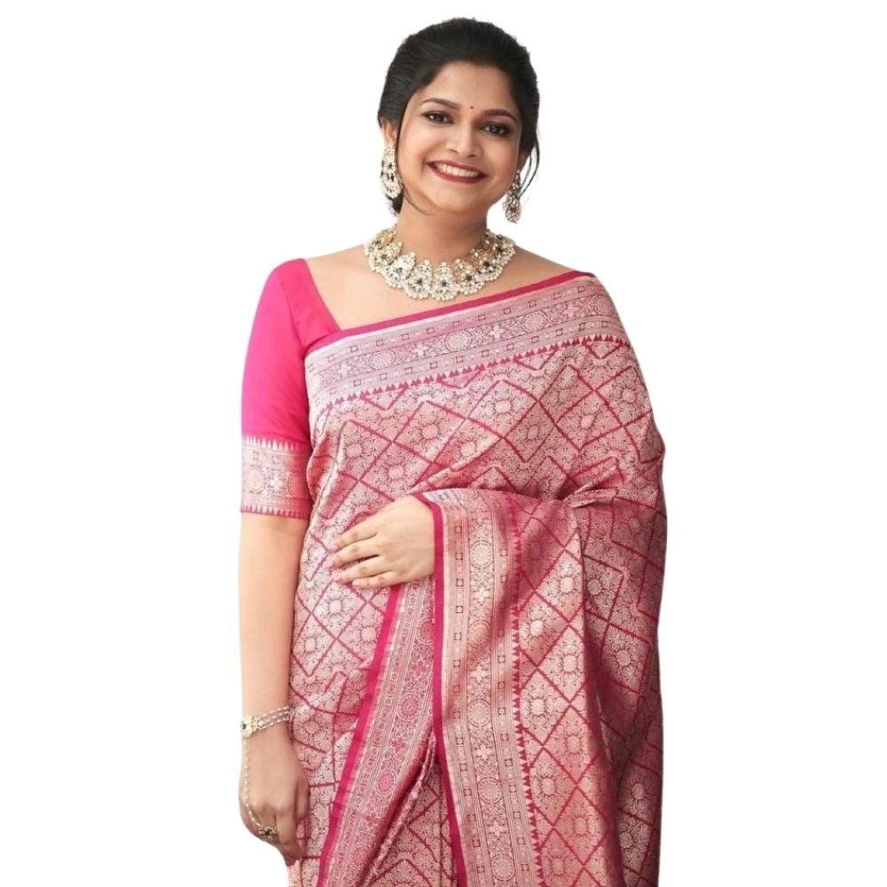 Women's Silk Printed Saree With Unstitched Blouse 5.5Mtr (Pink)