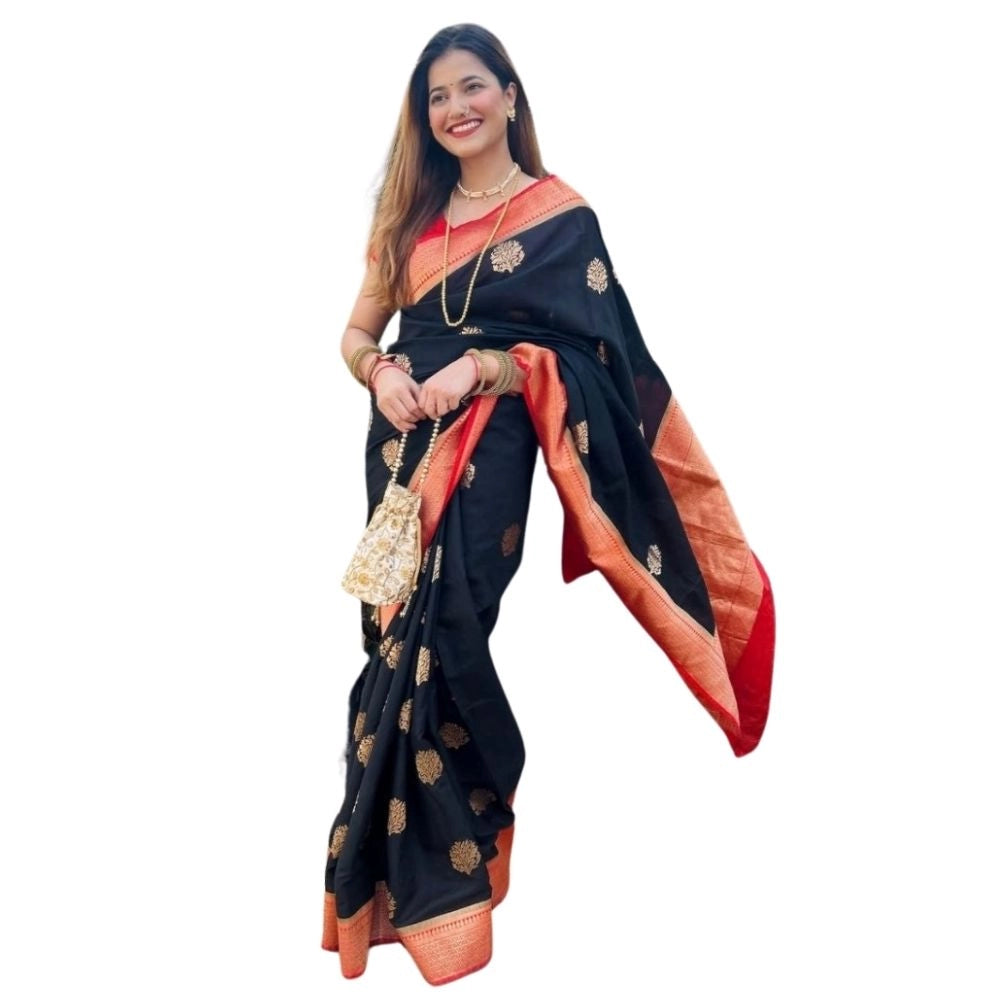 Women's Silk Printed Saree With Unstitched Blouse 5.5Mtr (Black-Red)