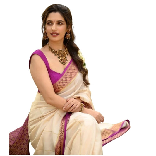 Women's Silk Printed Saree With Unstitched Blouse 5.5Mtr (Off White-Pink)