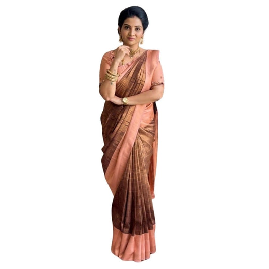 Women's Silk Printed Saree With Unstitched Blouse 5.5Mtr (Brown)