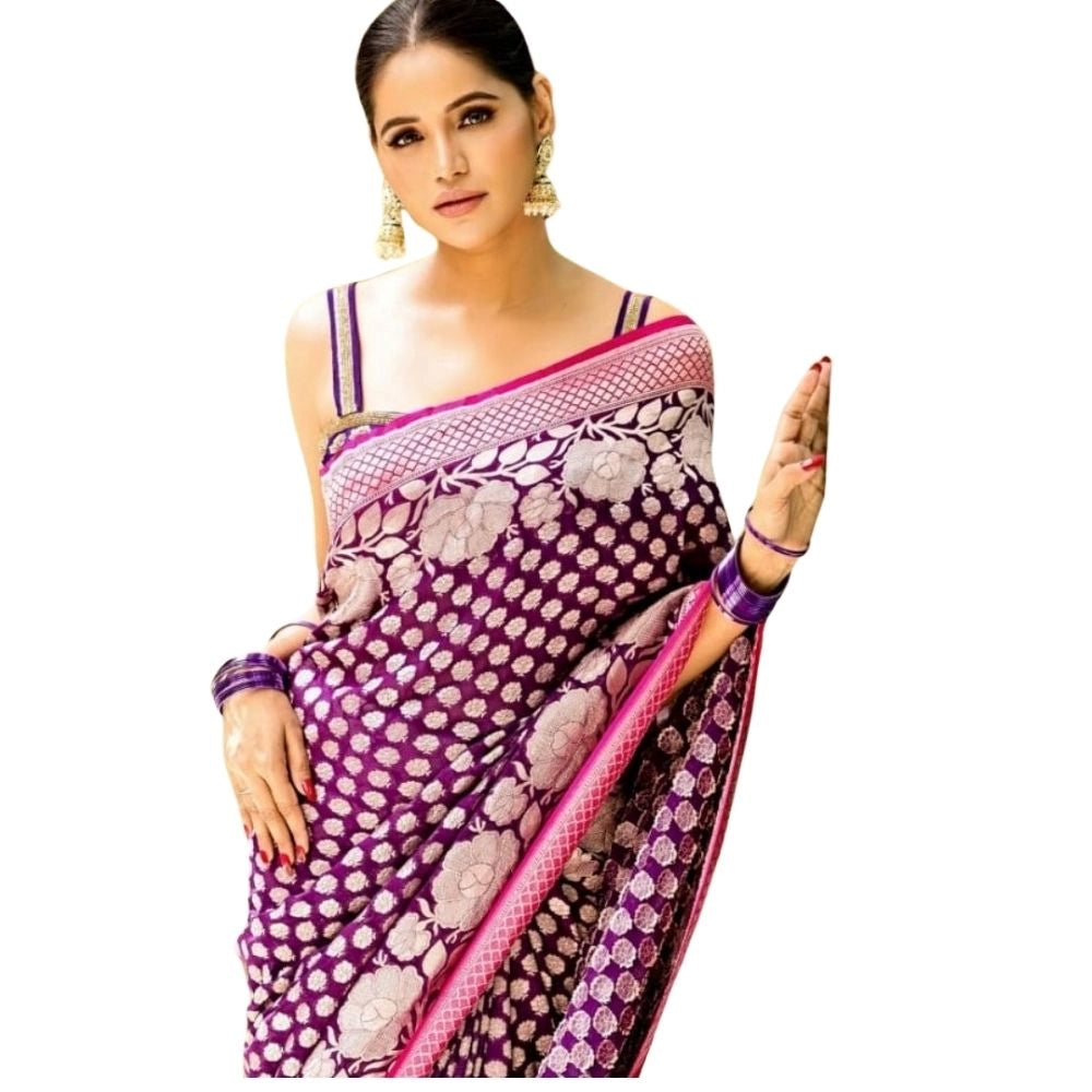 Women's Silk Printed Saree With Unstitched Blouse 5.5Mtr (Purple)