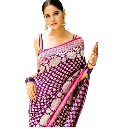 Women's Silk Printed Saree With Unstitched Blouse 5.5Mtr (Purple)