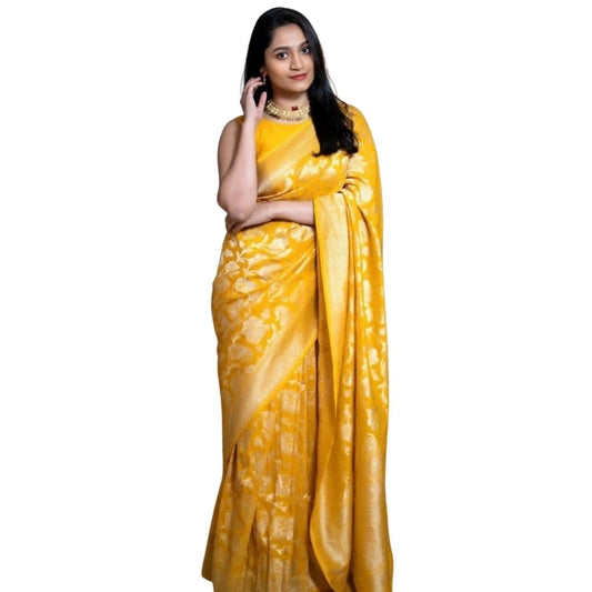 Women's Silk Printed Saree With Unstitched Blouse 5.5Mtr (Yellow)