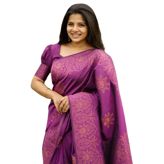 Women's Silk Printed Saree With Unstitched Blouse 5.5Mtr (Purple)