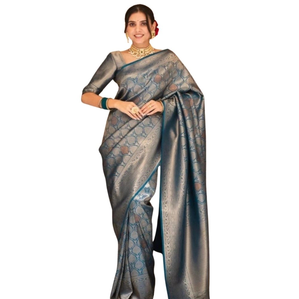Women's Silk Printed Saree With Unstitched Blouse 5.5Mtr (Rama)