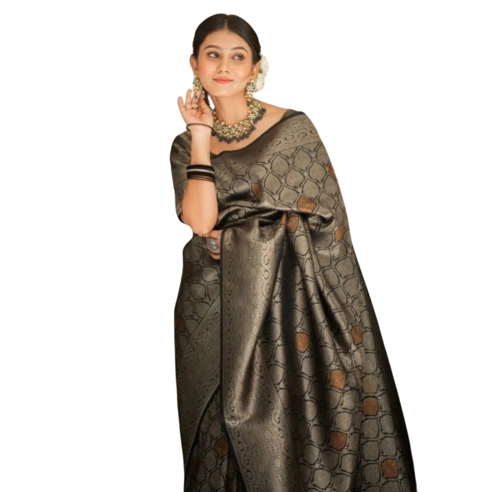 Women's Silk Printed Saree With Unstitched Blouse 5.5Mtr (Black)