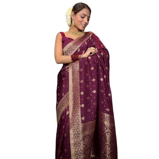 Women's Silk Printed Saree With Unstitched Blouse 5.5Mtr (Wine)