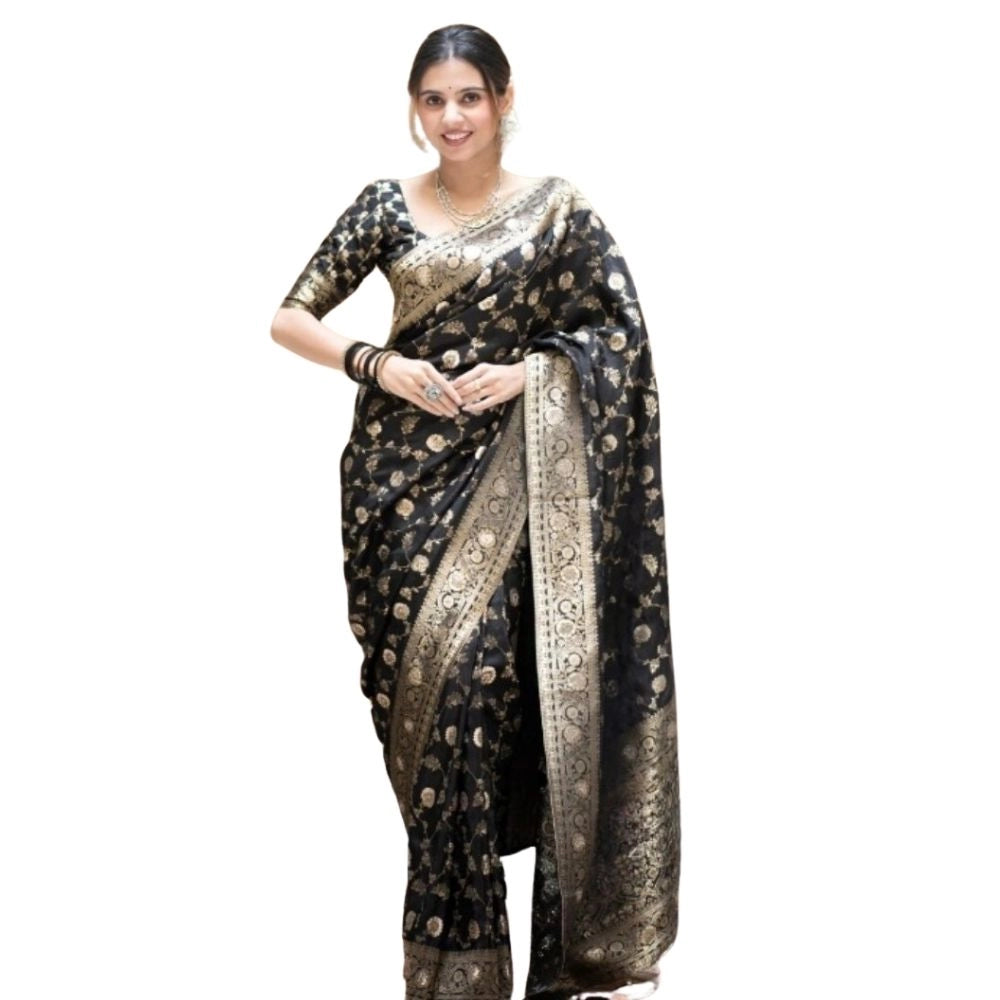 Women's Silk Printed Saree With Unstitched Blouse 5.5Mtr (Black)