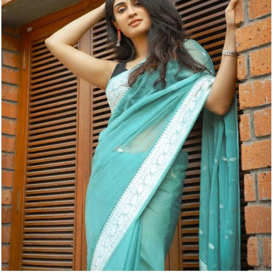 Women's Cotton  Printed Saree With Unstitched Blouse 5.5Mtr (Sky Blue)