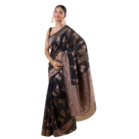 Women's Silk Printed Saree With Unstitched Blouse 5.5Mtr (Black)